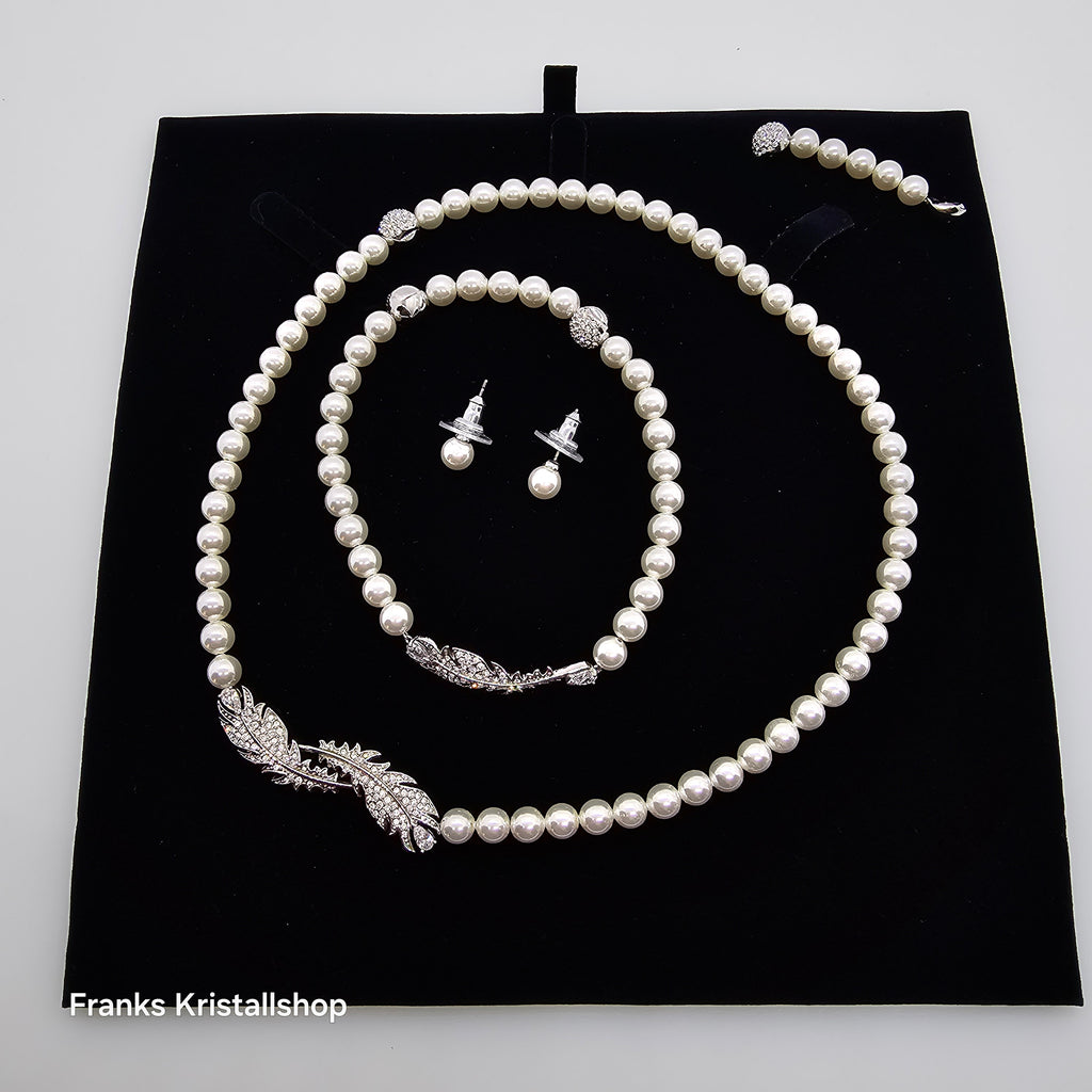 SWAROVSKI Nice Feder Schmuckset Perlen Ohrstecker Collier Armband Weiß Rhodiniert oU