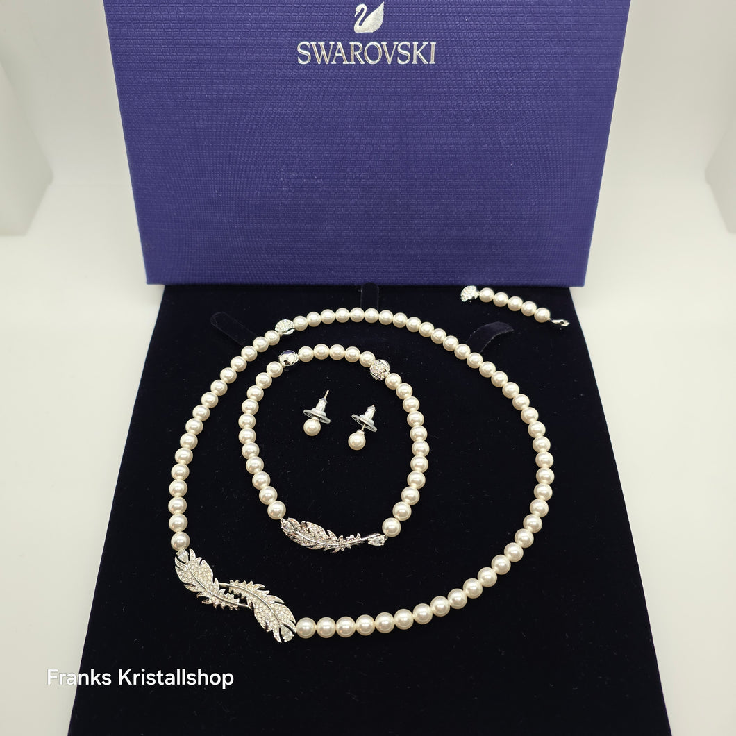 SWAROVSKI Nice Feder Schmuckset Perlen Ohrstecker Collier Armband Weiß Rhodiniert oU