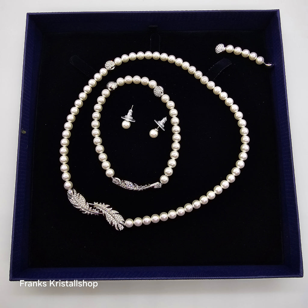 SWAROVSKI Nice Feder Schmuckset Perlen Ohrstecker Collier Armband Weiß Rhodiniert oU