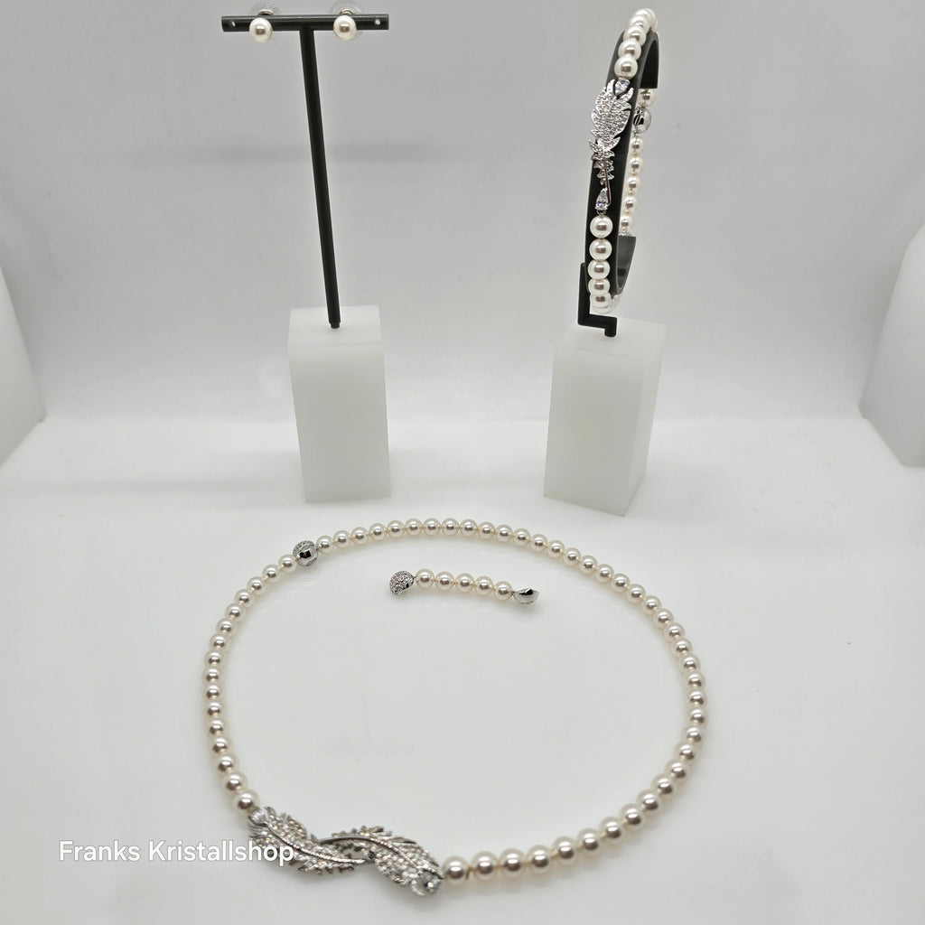 SWAROVSKI Nice Feder Schmuckset Perlen Ohrstecker Collier Armband Weiß Rhodiniert oU