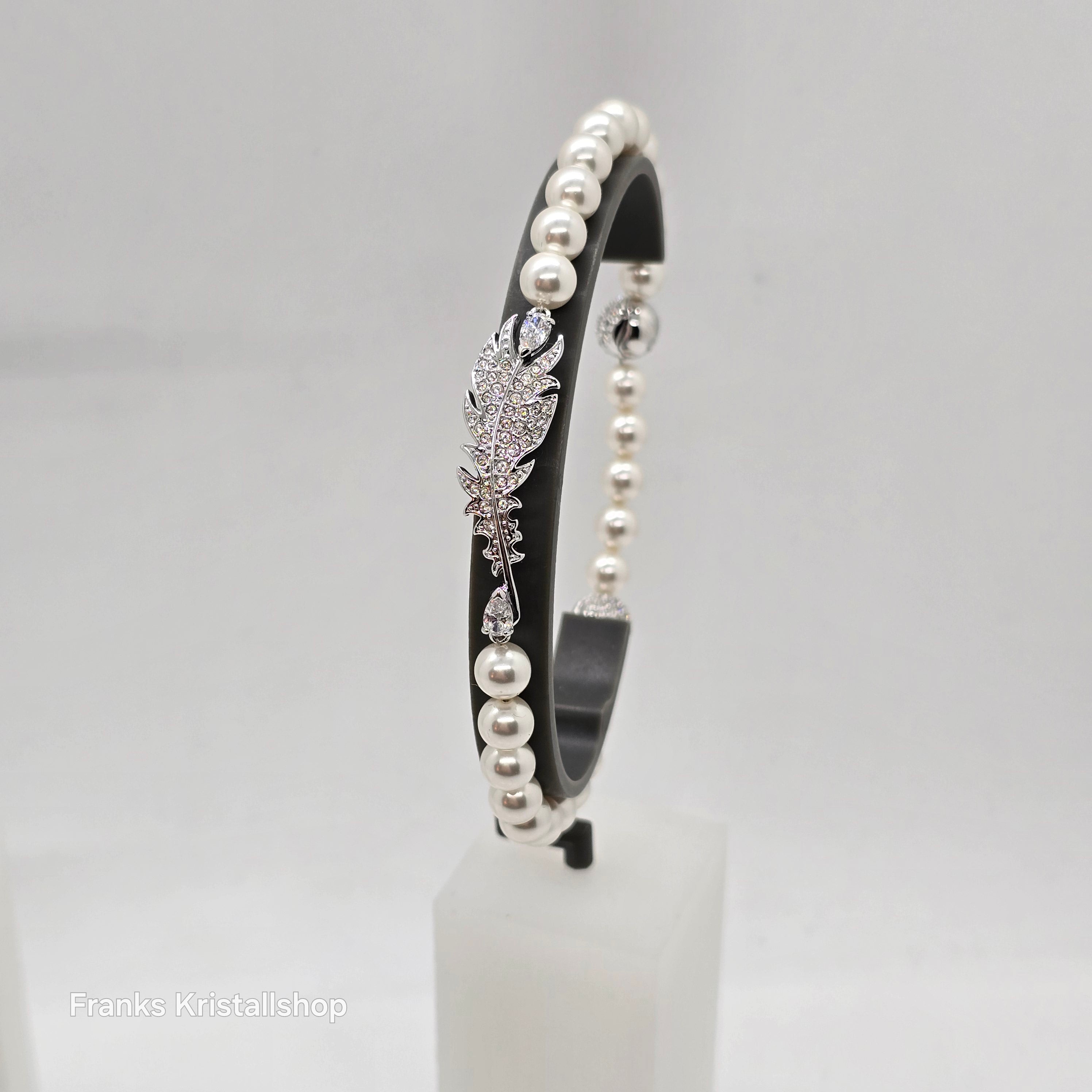 SWAROVSKI Nice Feder Schmuckset Perlen Ohrstecker Collier Armband Weiß Rhodiniert oU