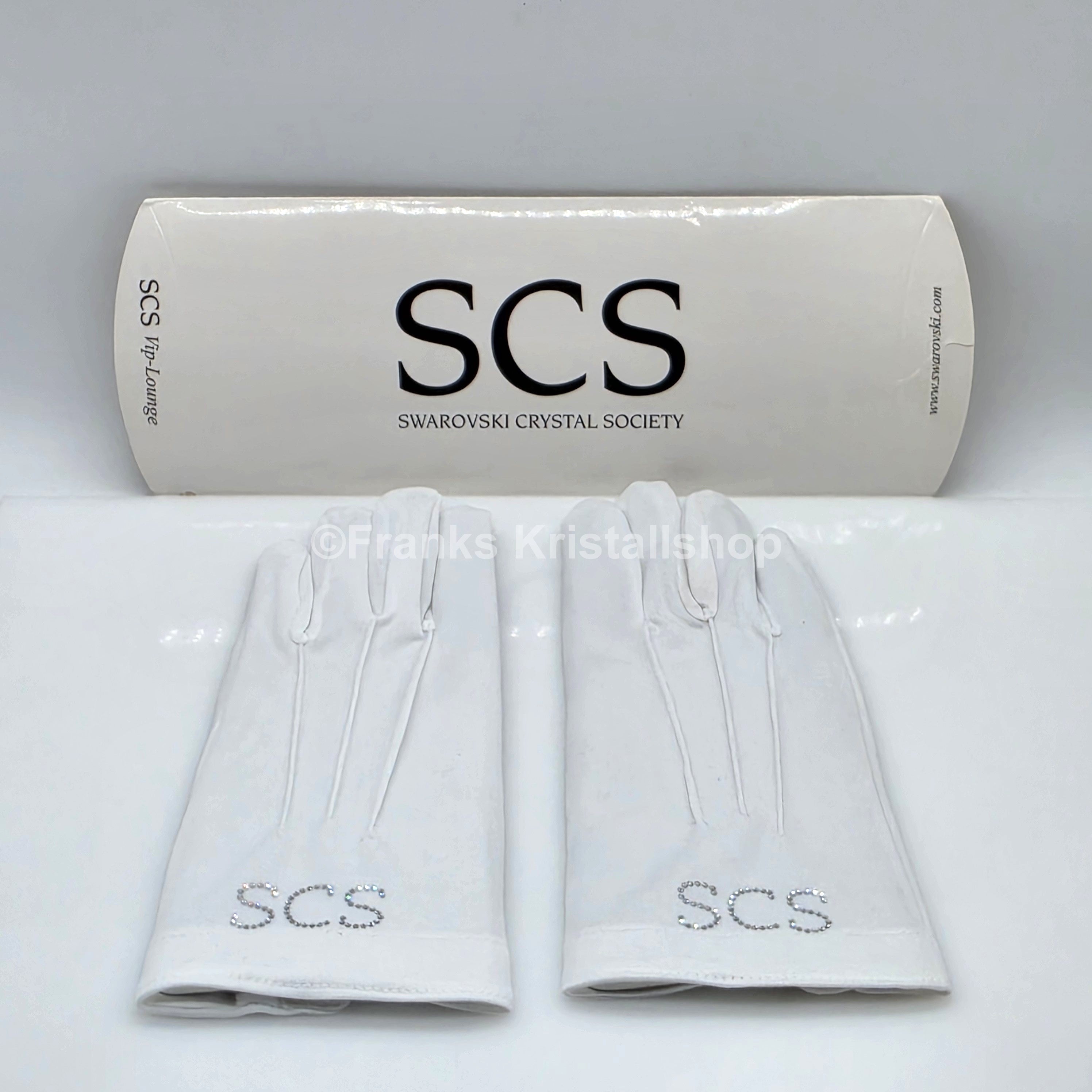 SWAROVSKI SCS Handschuhe Weiß mit Kristall-Schriftzug