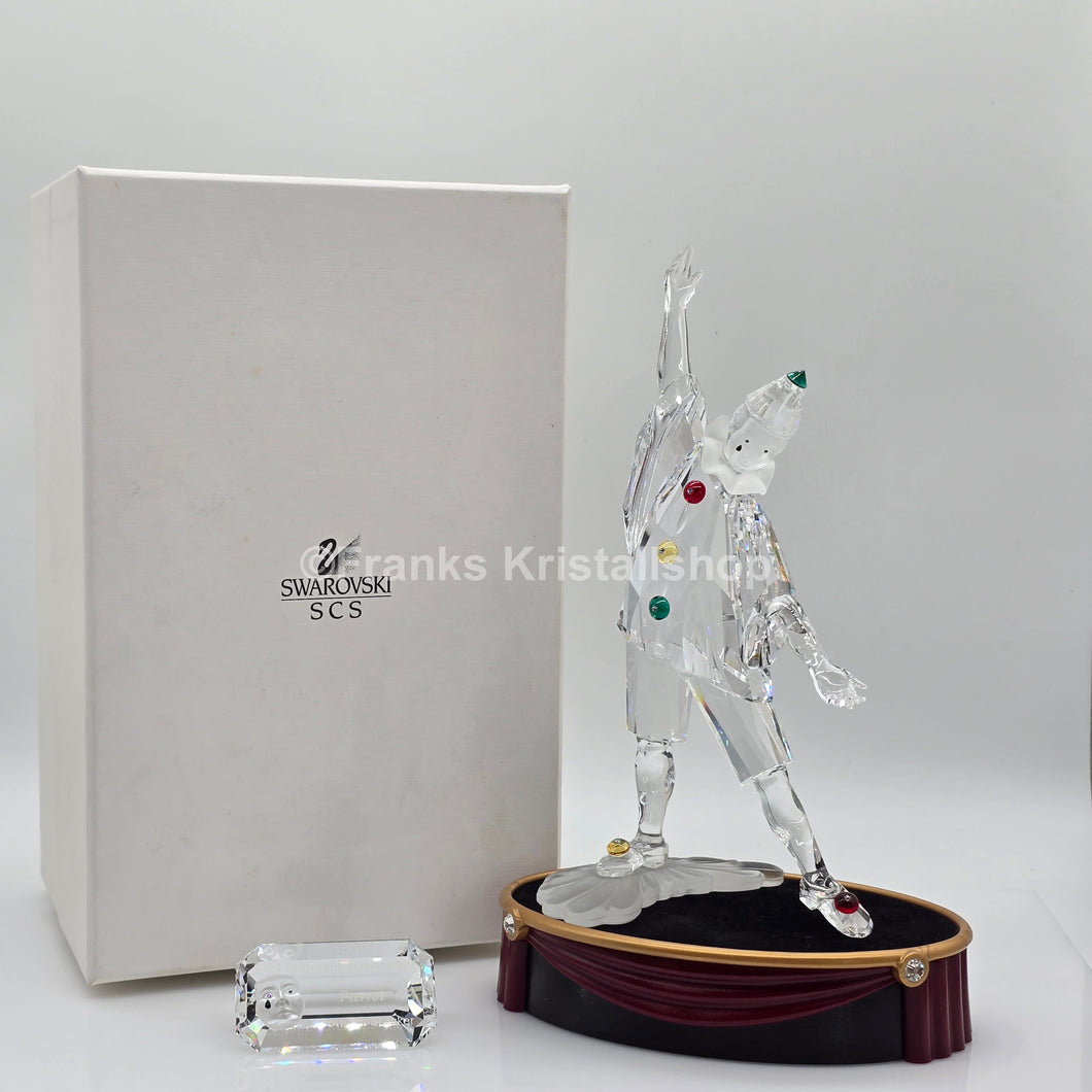 SWAROVSKI SCS Jahresfigur 1999 Pierrot mit Schild und Gratis-Sockel 230586 oU Var. 1
