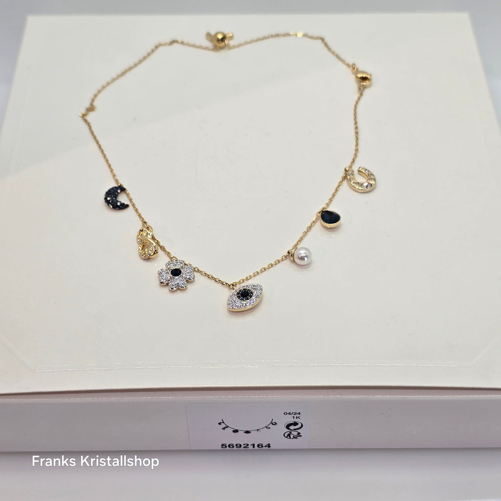 SWAROVSKI Symbolica Halsband Kristallperle, Mond, Unendlichkeitssymbol, Glücksklee, Augensymbol und Hufeisen, Blau, Goldlegierungsschicht 5692164