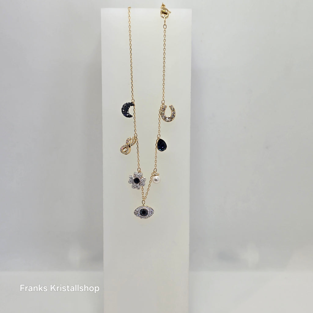 SWAROVSKI Symbolica Halsband Kristallperle, Mond, Unendlichkeitssymbol, Glücksklee, Augensymbol und Hufeisen, Blau, Goldlegierungsschicht 5692164